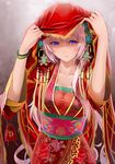  artist_name blue_eyes collarbone dated embellished_costume highres japanese_clothes long_hair looking_at_viewer megurine_luka okingjo omamori pink_hair signature silver_hair smile solo veil vocaloid 