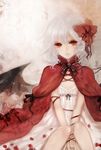  apt bat_wings between_legs bow cape dress hair_bow hand_between_legs knees_together_feet_apart petals red_eyes remilia_scarlet ribbon short_hair sitting solo thorns touhou white_dress white_hair wings 
