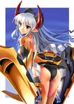  ass black_swimsuit blush drill_hair horns katahira_masashi long_hair looking_at_viewer looking_back original personification pointy_ears silver_hair smile solo swimsuit yellow_eyes 