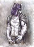  biceps canine clothed clothing dog fur hair half-dressed lester lesterhusky looking_at_viewer male mammal manly muscles pants pecs pose purple purple_hair solo tongue topless 