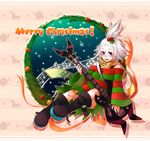  1girl alternate_color artist_request blue_eyes boots freckles guitar gym_leader hair_bobbles hair_ornament harunadragon homika_(pokemon) instrument looking_at_viewer merry_christmas nintendo pokemon pokemon_(game) pokemon_bw2 shirt short_hair smile solo striped striped_shirt tongue tongue_out topknot white_hair 