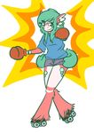  body_markings boxing_gloves cheese-u clothed clothing determined female fur green_fur green_hair grin hair hair_ornament head_wings hooves long_hair looking_at_viewer markings multicolor_fur pink_fur rollerskates shirt short_pants shorts solo unknown_species white_fur wings 
