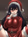  belt black_hair blush breasts hat heart highres large_breasts long_hair looking_at_viewer mushi_gyouza open_mouth original red_eyes santa_hat solo spread_legs sweat 