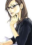  brown_hair copyright_request deku_(not_equal) glasses hand_on_own_chin lips solo 