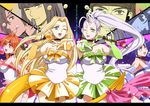  4girls amelia_wil_tesla_seyruun black_choker blonde_hair blue_eyes bow character_doll choker filia_ul_copt gloves gourry_gabriev green_eyes headband idol leotard lina_inverse long_hair luke_(slayers) lyxu microphone milina_(slayers) multiple_boys multiple_girls pink_bow pointy_ears ponytail purple_hair red_eyes red_hair ribbon skirt slayers slayers_try smile tail tail_bow white_hair xelloss yellow_bow zelgadiss_graywords 