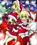  3girls blonde_hair blue_eyes breasts christmas cleavage crossover mario_(series) metroid multiple_girls nintendo princess princess_peach princess_zelda samus_aran santa_costume super_mario_bros. super_smash_bros. the_legend_of_zelda yuino_(fancy_party) 