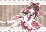  ascot bad_id bad_pixiv_id black_hair blush detached_sleeves dress hair_ribbon hair_tubes hakurei_reimu highres kuromame_(8gou) long_hair long_sleeves looking_at_viewer no_shoes red_dress red_eyes ribbon smile socks solo striped striped_background touhou vertical-striped_background vertical_stripes white_legwear wide_sleeves younger 