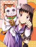  1girl :3 animal_ears black_hair cat cat_ears chitanda_eru gold green_eyes hyouka koban_(gold) long_hair looking_at_viewer maneki-neko naruse oreki_houtarou paw_pose purple_eyes school_uniform serafuku 