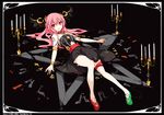  alternate_costume alternate_hair_color armlet bare_legs blush bracelet candelabra candle collar glyph head_wings ideolo jewelry koakuma long_hair looking_at_viewer lying mismatched_footwear nail_polish no_socks on_back ornate pentagram pink_hair pointy_ears red_eyes ribbon smile solo thigh_ribbon touhou 