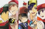  alternate_costume alternate_headwear backwards_hat baseball_cap beret black_hair brown_hair closed_mouth collared_shirt column_lineup face fingerless_gloves gloves gold_(pokemon) great_ball grey_eyes hat holding holding_poke_ball kouki_(pokemon) multiple_boys open_mouth poke_ball poke_ball_(generic) pokemon pokemon_(game) pokemon_bw pokemon_dppt pokemon_frlg pokemon_hgss pokemon_rse purple_eyes red_(pokemon) red_(pokemon_frlg) red_eyes red_hat red_scarf santou_suihei scarf serious shirt simple_background touya_(pokemon) ultra_ball white_background white_hat yuuki_(pokemon) 