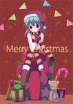 blue_hair boots box candy candy_cane christmas food gift gift_box gloves hat highres kuromaru low_twintails merry_christmas on_box original purple_eyes red_gloves santa_boots santa_hat scarf short_twintails sitting sitting_on_box solo striped striped_legwear striped_scarf stuffed_animal stuffed_toy teddy_bear twintails 