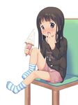  anyannko black_hair blush brown_eyes brown_hair chair eating finger_licking food food_on_clothes food_on_face full_body highres ice_cream knee_up licking long_hair looking_at_viewer open_mouth original shorts sitting soft_serve solo 