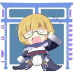  1girl adele_balfetto black_legwear blonde_hair bodysuit chibi female glasses kyoukai_senjou_no_horizon kyoukaisenjou_no_horizon signframe solo 