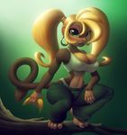  big_breasts blonde_hair branch breasts cleavage clothed clothing collaboration crouching ear_piercing female fruit green_eyes hair hair_ornament hair_tie lipstick long_hair looking_at_viewer mammal monkey nitro painted_nails pants piercing ponytail primate realistic sif skimpy solo ukiki 