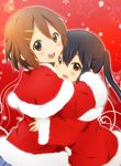  black_hair blush brown_eyes brown_hair christmas hirasawa_yui hug k-on! kisuke_(akutamu) long_hair multiple_girls nakano_azusa red_eyes santa_costume short_hair smile snowflakes star twintails 