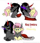  armor blue_eyes blush cape crown cuddling english_text equine eye_mist female feral fluttershy_(mlp) friendship_is_magic hair horse king_sombra_(mlp) kissing male mammal mickeymonster my_little_pony pegasus pink_hair plain_background pony red_eyes shipping text white_background wings 