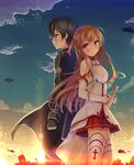  1girl armor asuna_(sao) back-to-back black_hair breastplate brown_hair couple hetero highres kirito sousouman sunset sword_art_online thighhighs white_legwear 