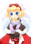  blonde_hair blue_eyes blush capelet closed_eyes dress hair_ribbon juuno_(nekoda) medicine_melancholy mittens ribbon scarf short_hair solo su-san touhou winter_clothes 