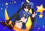  :d ;d black_hair blush bow breasts gem hair_bow hair_ornament highres kami_jigen_game_neptune_v long_hair midriff moon navel neptune_(series) noire one_eye_closed open_mouth red_eyes ribbon sarvuant simple_background smile solo star twintails very_long_hair 