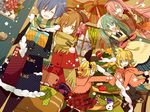  4girls apron blonde_hair brown_eyes brown_hair christmas christmas_tree closed_eyes coat curtains door dress gift green_eyes green_hair hair_ornament hair_ribbon hairband hairclip hatsune_miku kagamine_len kagamine_rin kaito knitting_needle long_hair megurine_luka meiko multiple_boys multiple_girls needle open_mouth oven_mitts pink_hair ribbon scarf striped striped_scarf thighhighs twintails very_long_hair vocaloid window yoshiki 