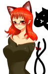  alternate_hairstyle animal_ears bare_shoulders bespectacled breasts cat_ears cat_tail dress female glasses hair_down han_(jackpot) highres kaenbyou_rin large_breasts long_hair pointy_ears red_eyes red_hair simple_background solo standing tail touhou upper_body 