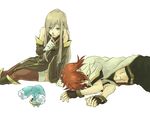 1girl artist_request brown_hair creature gloves long_hair luke_fon_fabre mieu red_hair sleeping tales_of_(series) tales_of_the_abyss tear_grants thighhighs 