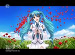  aqua_hair bad_id bad_pixiv_id balloon blue_eyes cloud day detached_sleeves field flower goldregen grass hatsune_miku long_hair microphone necktie sky solo twintails vocaloid 