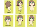 :d amami_haruka brown_hair chibi collarbone green_eyes idolmaster idolmaster_(classic) idolmaster_1 kuma_(persona_4) looking_at_viewer multiple_views nonowa nude open_mouth parody persona persona_4 smile standing zearthp 