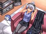  arcana_heart arcana_heart_2 arms_up cable checkered checkered_floor couch flat_chest folded_ponytail hair_up headphones miniskirt ono_misao open_mouth pantyhose pencil_skirt red_eyes shirt short_hair sitting skirt sleeveless sleeveless_shirt solo stereo white_hair zenia_valov 