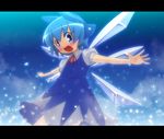  blue_dress blue_eyes blue_hair blush bow cirno dress hair_bow kanno letterboxed open_mouth outstretched_arms ribbon short_hair smile solo spread_arms touhou wings 