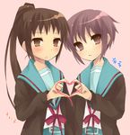  bad_id bad_pixiv_id blush cardigan genderswap genderswap_(mtf) heart heart_hands heart_hands_duo hijiki_(hijikini) kita_high_school_uniform kyonko multiple_girls nagato_yuki ponytail purple_hair school_uniform serafuku suzumiya_haruhi_no_yuuutsu 