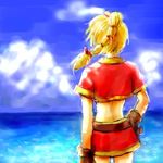  artist_request blonde_hair brown_gloves chrono_cross from_behind gloves hand_on_hip high_ponytail kid_(chrono_cross) lowres miniskirt multi-tied_hair ponytail red_skirt skirt solo standing vest 
