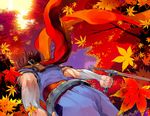  autumn from_behind from_below hpa_(foolish_factory) leaf male_focus ninja red_scarf scarf solo strider_(video_game) strider_hiryuu sword weapon 