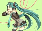  bad_id bad_pixiv_id blue_eyes blue_hair detached_sleeves hatsune_miku headset heart long_hair miho_(mi) necktie one_eye_closed skirt smile solo thighhighs twintails vocaloid 