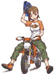  bandaid brown_eyes brown_hair capri_pants ground_vehicle minibike motor_vehicle motorcycle no_socks oekaki original pants raglan_sleeves shirt shoes short_hair sitting sneakers solo t-shirt unpokotan 