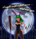  animal_ears bunny_ears bunnysuit full_moon grass green_hair long_hair marimo_(naiveram) moon original pantyhose red_eyes solo 