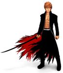  bankai bleach highres idnar kurosaki_ichigo male_focus open_clothes open_shirt orange_hair parody realistic shirt simple_background solo sword tensa_zangetsu_(bankai) the_king_of_fighters weapon 