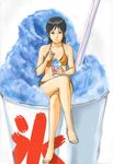  barefoot bikini black_hair copyright_request crossed_legs eating feet long_hair risui shaved_ice sitting sketch solo swimsuit 