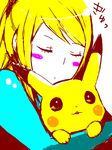  artist_request blonde_hair blush_stickers closed_eyes gen_1_pokemon hug metroid pikachu pokemon pokemon_(creature) samus_aran sleeping super_smash_bros. translation_request zero_suit 