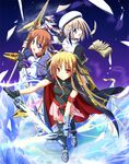  bardiche blonde_hair blue_eyes book cape fate_testarossa hat ice long_hair lyrical_nanoha mahou_shoujo_lyrical_nanoha mahou_shoujo_lyrical_nanoha_a's multiple_girls raising_heart red_eyes schwertkreuz staff sword t-ray takamachi_nanoha thighhighs tome_of_the_night_sky twintails weapon yagami_hayate 