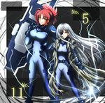  bodysuit cinque_(nanoha) eyepatch huge_weapon kisaragi_ivi17 looking_at_viewer lyrical_nanoha mahou_shoujo_lyrical_nanoha_strikers multiple_girls number numbers'_uniform numbers_(nanoha) ponytail red_hair silver_hair skin_tight weapon wendi_(nanoha) yellow_eyes 