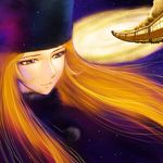  artist_request blonde_hair fur_hat galaxy ginga_tetsudou_999 ground_vehicle hat long_hair maetel purple_eyes solo space star_(sky) train 