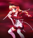  1girl artist_request blonde_hair blood blue_eyes game_cg hirohana_yukiko knife school_uniform solo thighhighs 