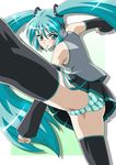  aqua_eyes aqua_hair ass detached_sleeves goridou hatsune_miku headset kicking long_hair panties pantyshot skirt solo striped striped_panties thighhighs twintails underwear vocaloid 