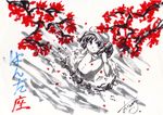  artist_request autumn_leaves blush dress flat_cap from_above hat kawashiro_nitori long_sleeves looking_up monochrome signature solo spot_color touhou two_side_up water white_background 