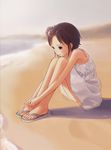  bad_id bad_pixiv_id beach brown_eyes brown_hair child day feet flip-flops hands_on_feet kokudou_juunigou leg_hug long_arms original sandals short_hair sitting solo tears 