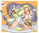  armor armored_dress bad_id bad_pixiv_id blonde_hair blue_eyes braid breasts butter cleavage food fork heart ibanen knife large_breasts legs lizardman lizardman_(soulcalibur) on_plate plate sandals single_braid sophitia_alexandra soulcalibur tongue vore 