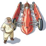  adapted_object animal_ears brown_hair car dieselpunk facial_hair gloves ground_vehicle hands_on_hips james_chung jumpsuit kurenai_no_buta male_focus motor_vehicle mustache pig_ears pig_snout porco_rosso_(character) racecar scarf solo sunglasses 