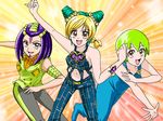  armband bare_shoulders blonde_hair braid brown_eyes double_bun ermes_costello eyelashes foo_fighters green_hair hairlocs jojo_no_kimyou_na_bouken kuujou_jolyne midriff multicolored_hair multiple_girls navel nozomi_uni open_mouth overalls pants parody precure purple_hair scar short_hair sleeveless smile stone_ocean tattoo yes!_precure_5 