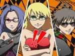  all-out_attack bare_shoulders blonde_hair cut-in glasses hoshii_miki idolmaster idolmaster_(classic) idolmaster_1 kikuchi_makoto miura_azusa multiple_girls one_eye_closed parody persona persona_4 plaid punkish_gothic zearthp 